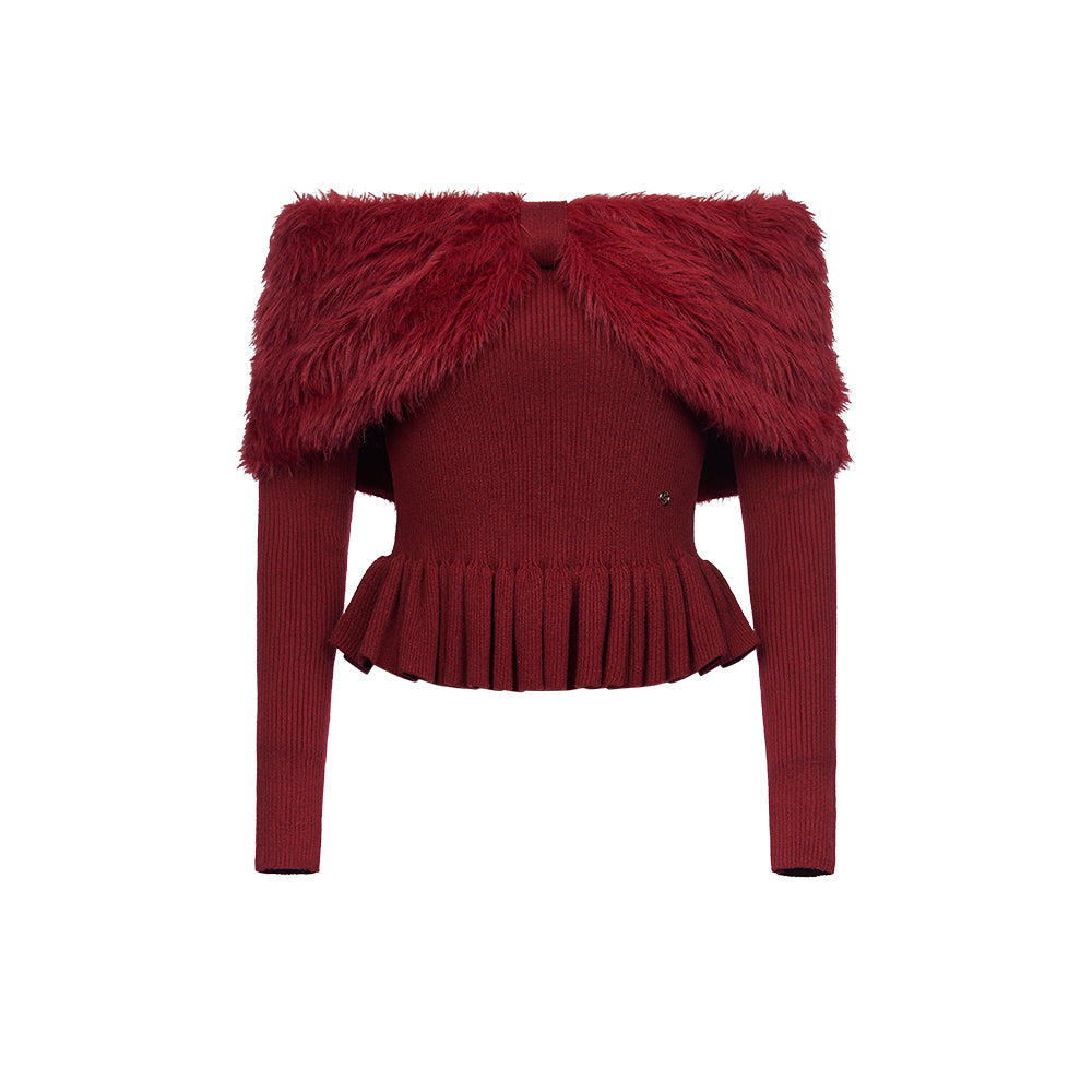Sheer Luck Alba Off-Shoulder Faux Mink Knit Top Red - Mores Studio