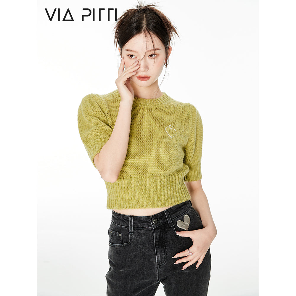 Via Pitti Embroidery Heart Puff Sleeve Knit Top Green