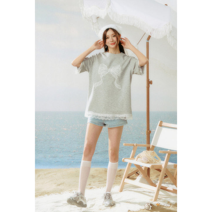 AsGony Lace Patchwork Bow Tie T-Shirt Grey