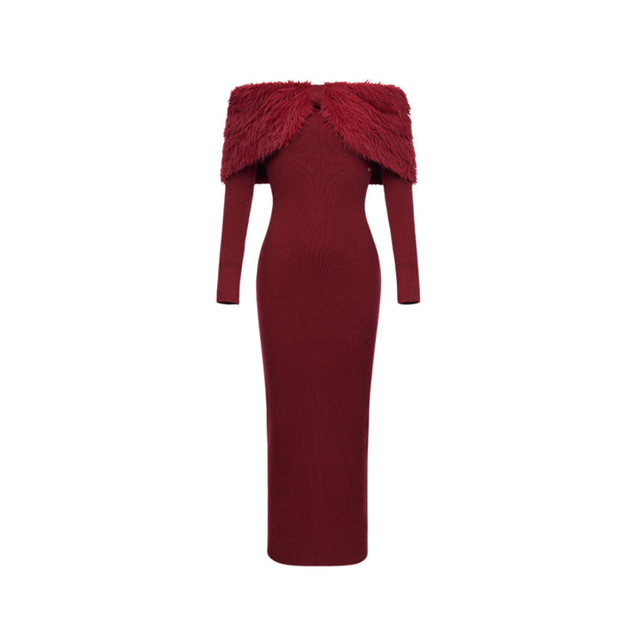 Sheer Luck Nonna Off-Shoulder Faux Mink Slim Knitted Dress Red - Mores Studio