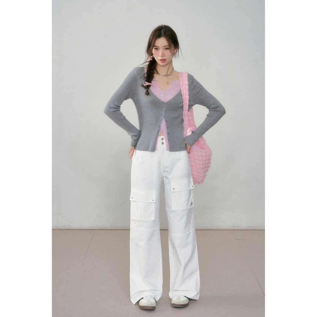 AsGony Contrast Color Fake-2-Piece Knit Cardigan Grey