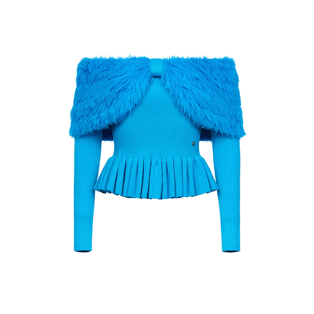 Sheer Luck Alba Off-Shoulder Faux Mink Knit Top Blue - Mores Studio