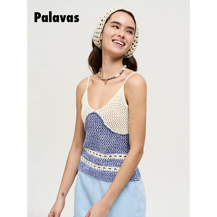 Palavas Color Blocked Crochet Vest Top Blue