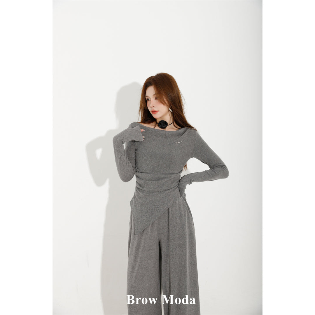 Brow Moda Pleated Irregular Top And Wide-leg Pants Set Grey