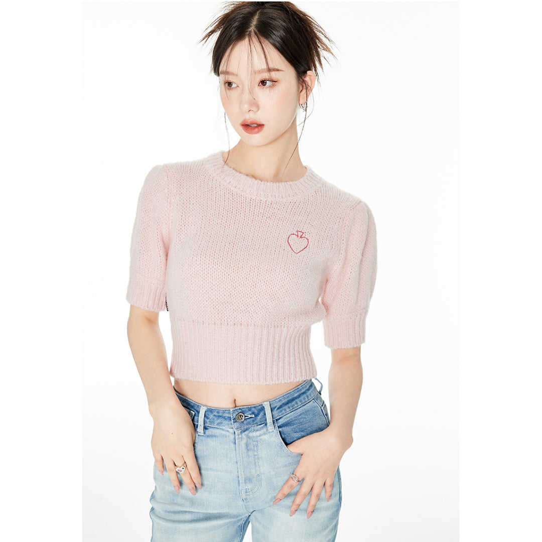 Via Pitti Embroidery Heart Puff Sleeve Knit Top Pink
