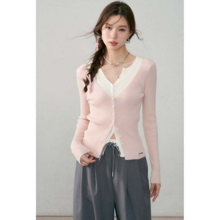 AsGony Contrast Color Fake-2-Piece Knit Cardigan Pink