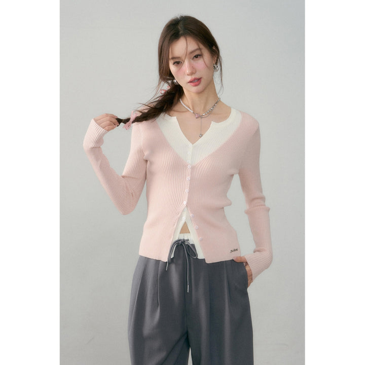 AsGony Contrast Color Fake-2-Piece Knit Cardigan Pink
