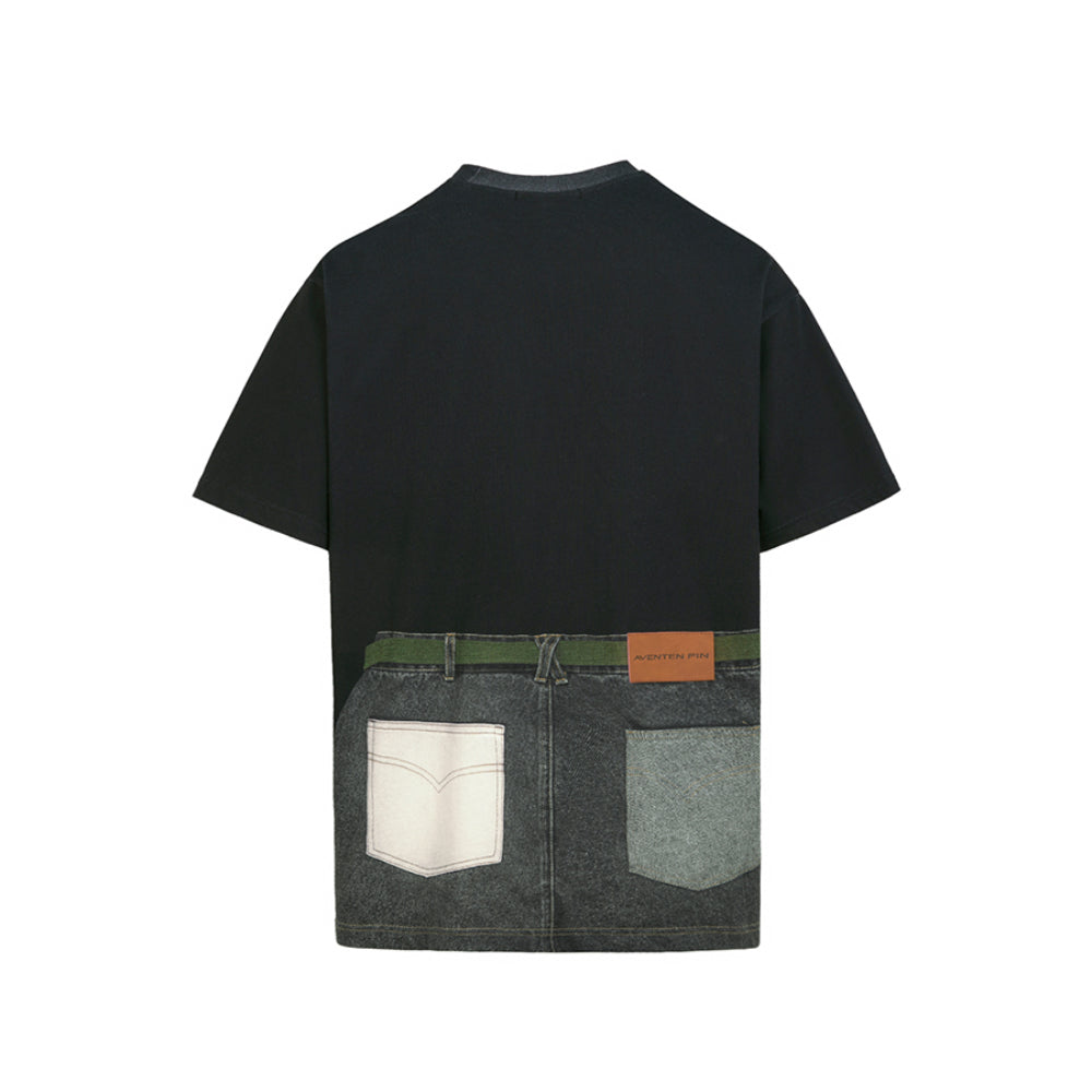 Aventen Pin Contrast Color Denim Pocket T-Shirt Black