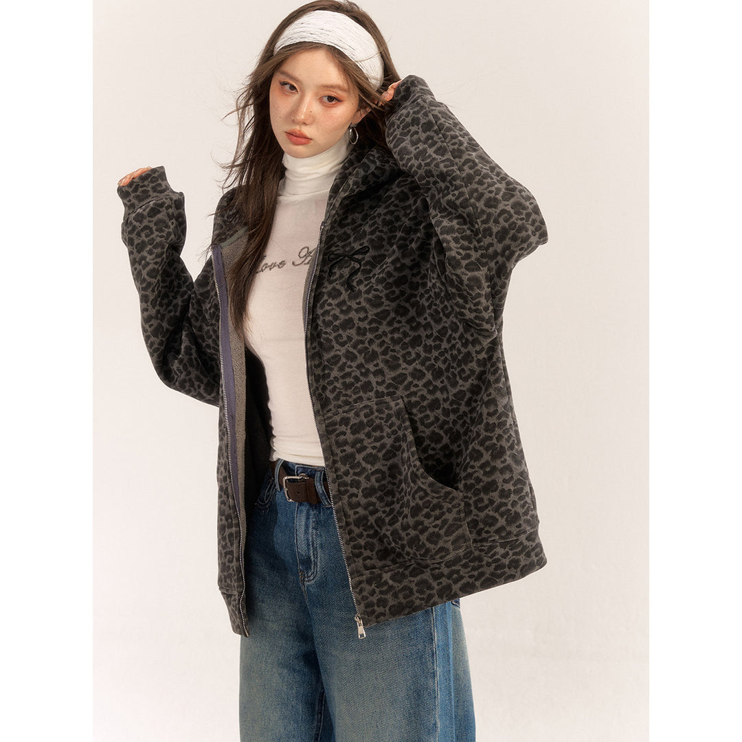 AsGony Leopard Bow Embroidery Hoodie Gray