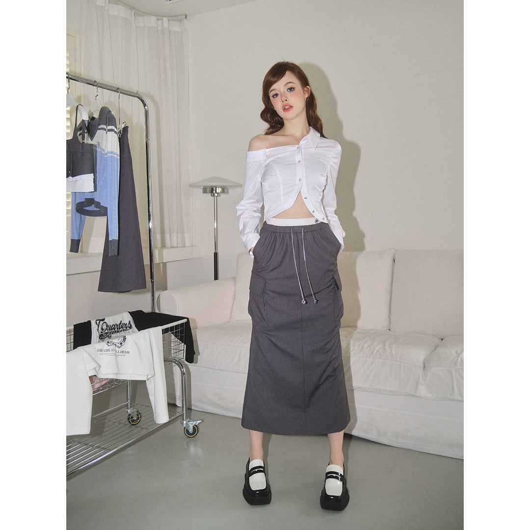 Three Quarters Color Blocked Cargo Flare Long Skirt Grey - Mores Studio