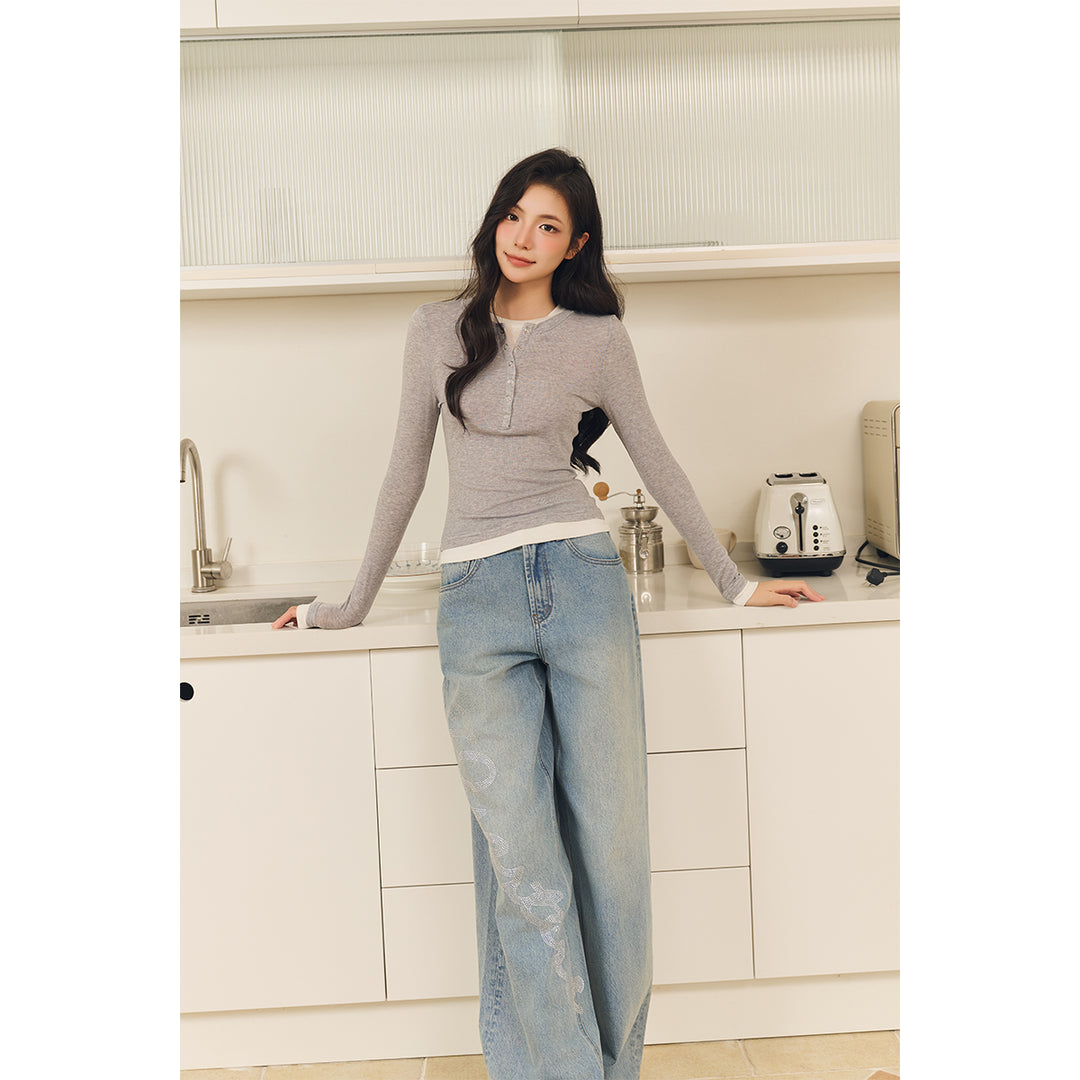 Three Quarters Hotfix Logo Loose Wide-Leg Jeans Blue