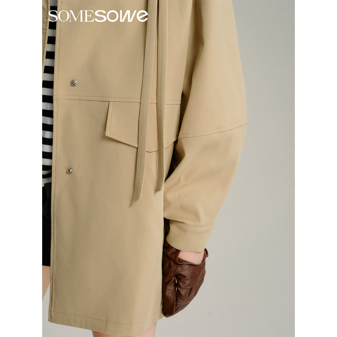 SomeSowe Detachable Big Bow Long Jacket Khaki