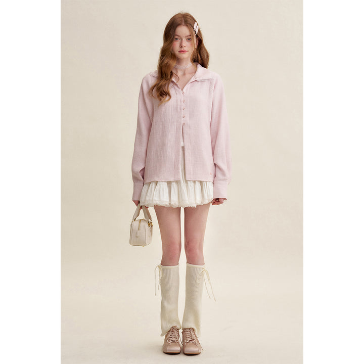 Kroche Lace Edge Patchwork Texture Loose Shirt Pink