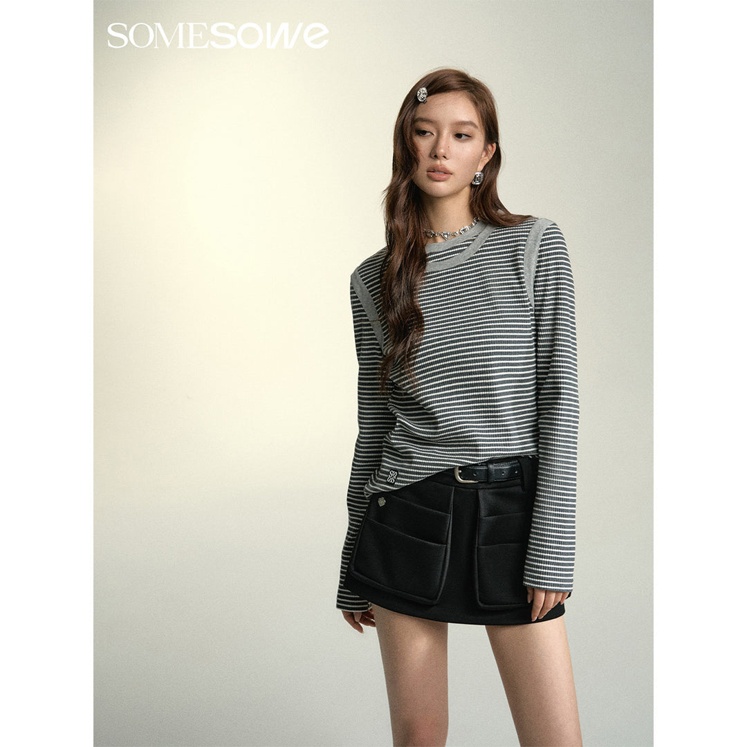 SomeSowe Color Blocked Striped Top Dark Grey