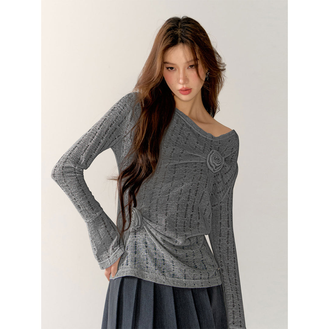 AsGony 3D Flower Hollow Cutting Knit Top Gray