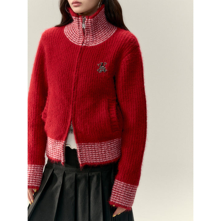 Via Pitti Color Blocked High Collar Knit Cardigan Red