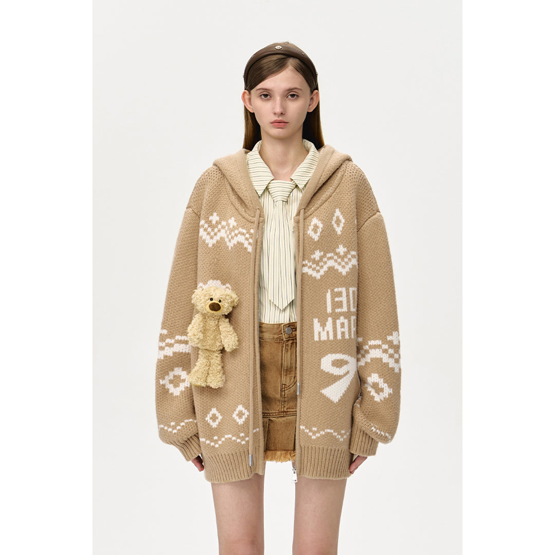 13De Marzo Fair Isle Jacquard Knit Hoodie Khaki