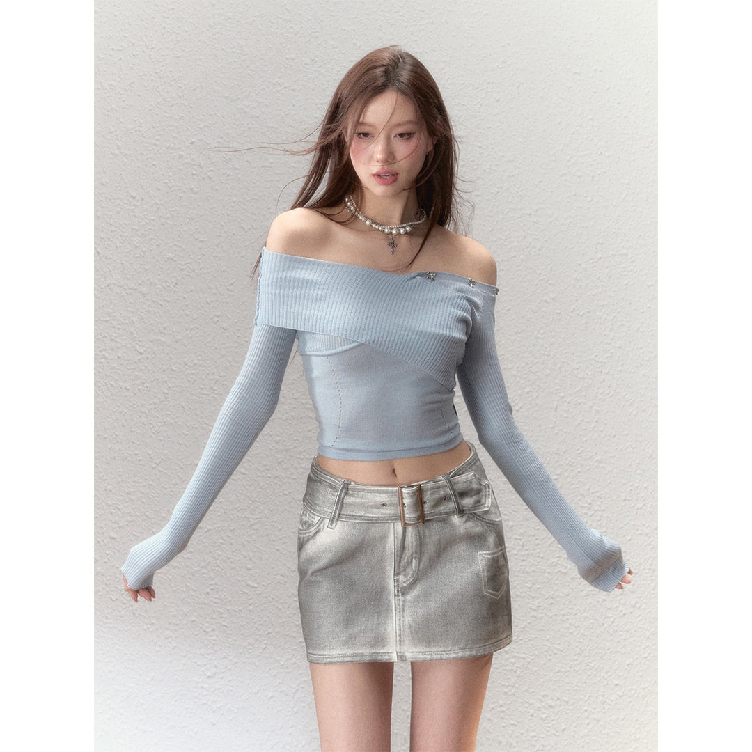Via Pitti Bow-Knot Pin Off Shoulder Knit Top Blue