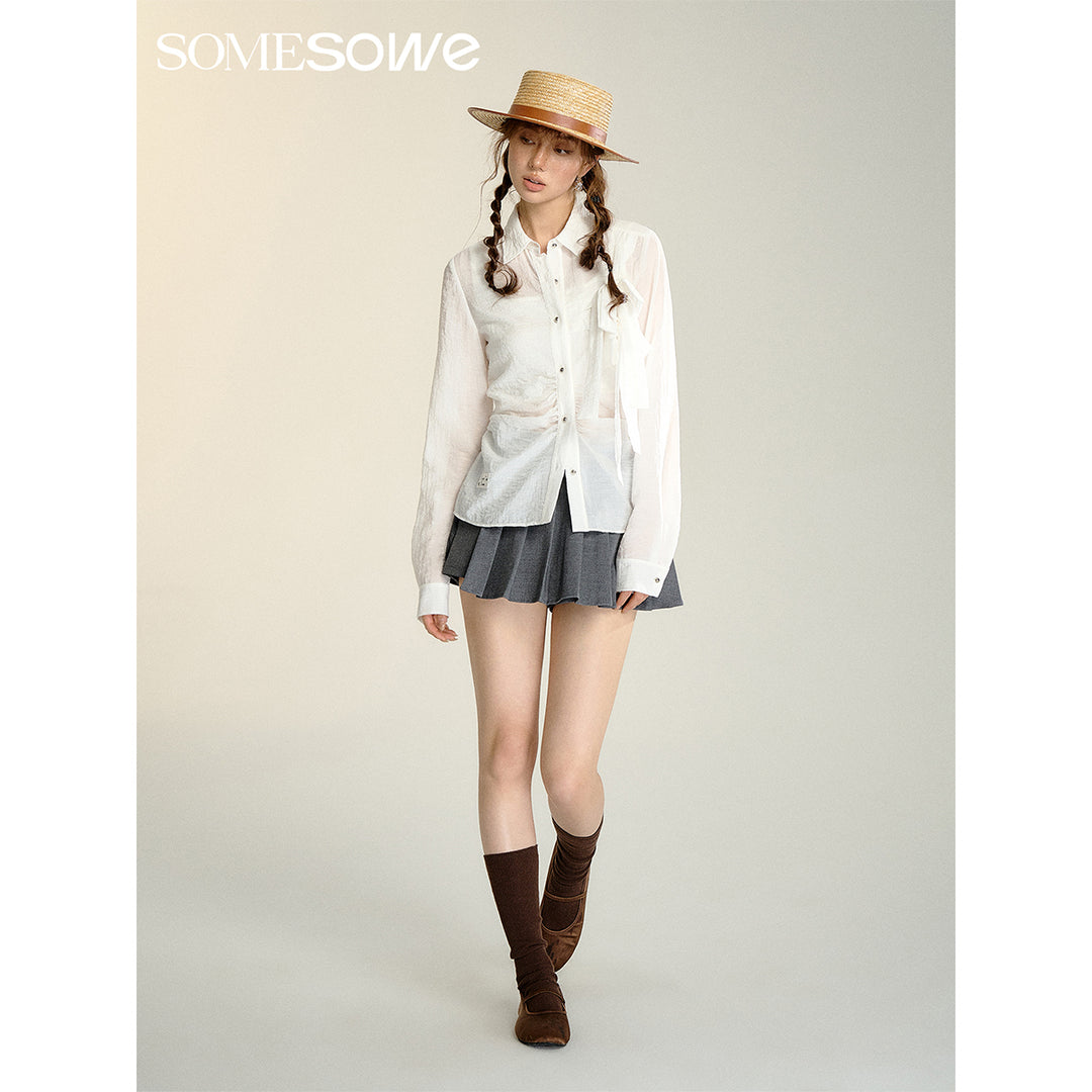 SomeSowe Bow Waisted Pleated Shirt White