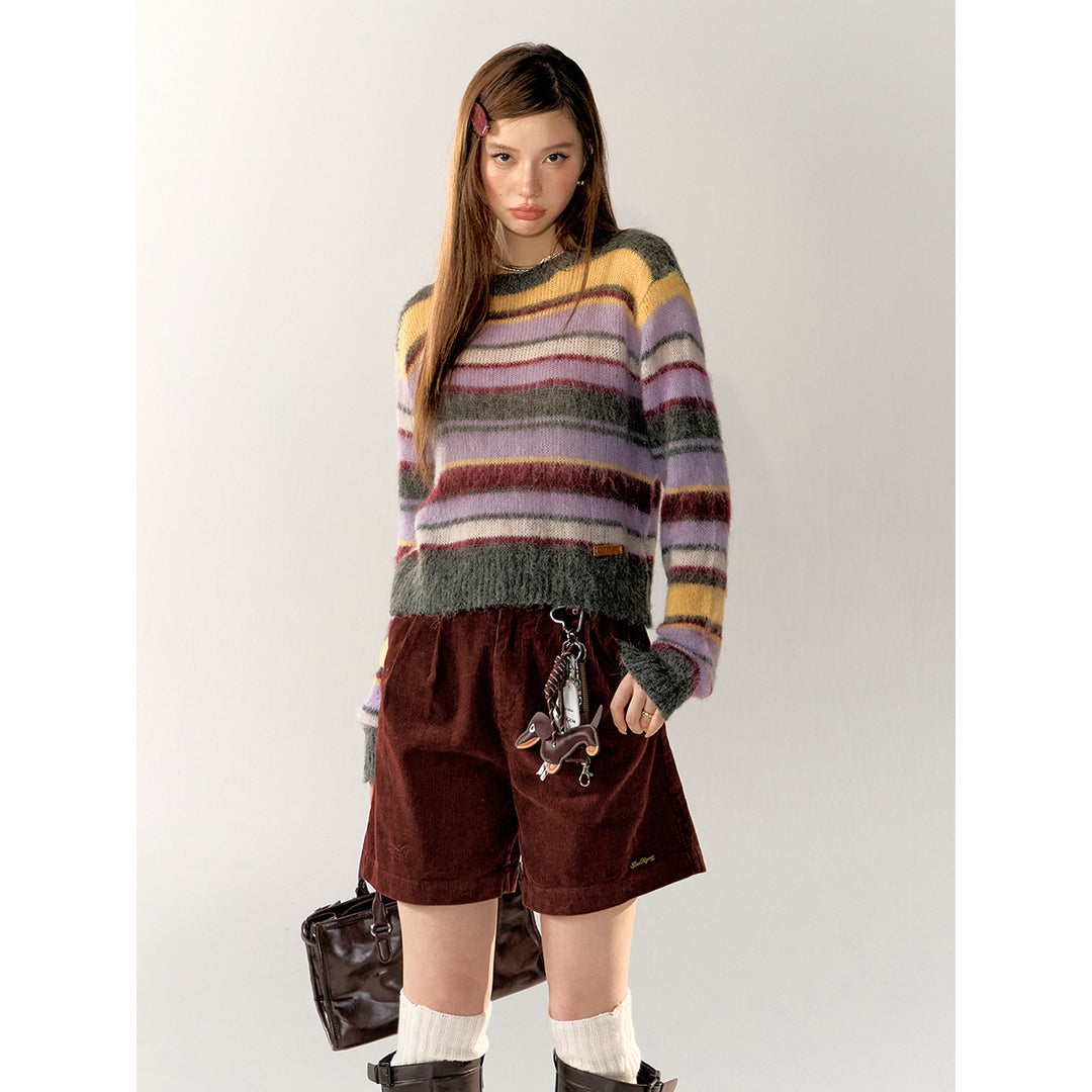 AsGony Contrast Color Striped Knit Sweater Purple