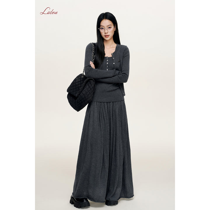 Liilou Draped Elastic-Waist Woolen A-Line Long Skirt Dark Gray