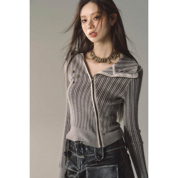 Via Pitti Button Oblique Zipper Knit Top Grey - Mores Studio