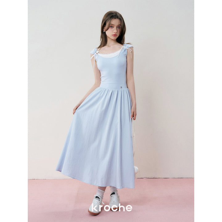 Kroche Fake-2-Piece Patchwork Casual Dress Blue