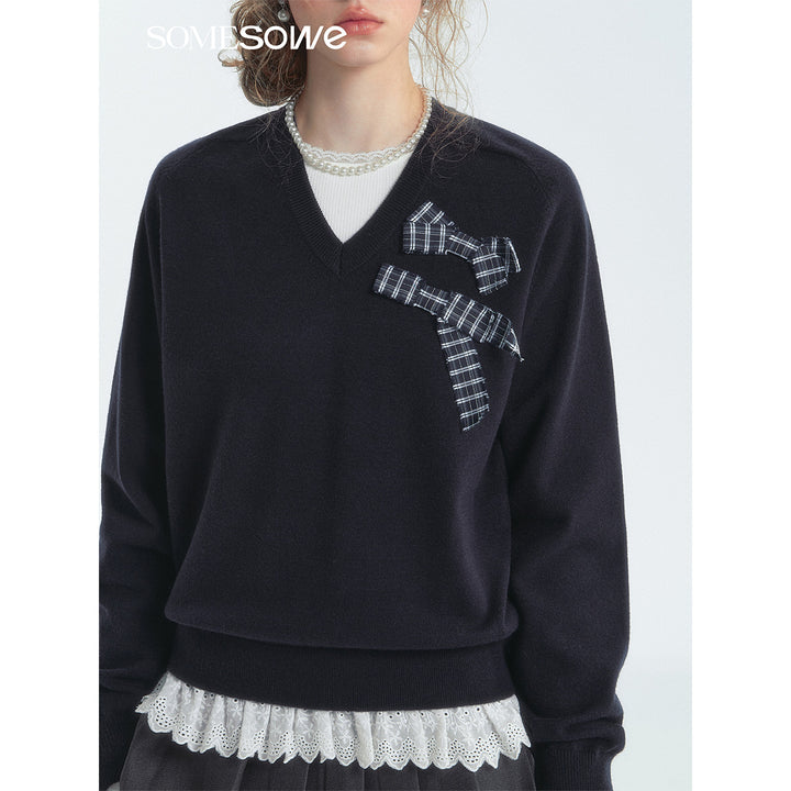 SomeSowe Plaid Bow V-Neck Knit Sweater Navy Blue