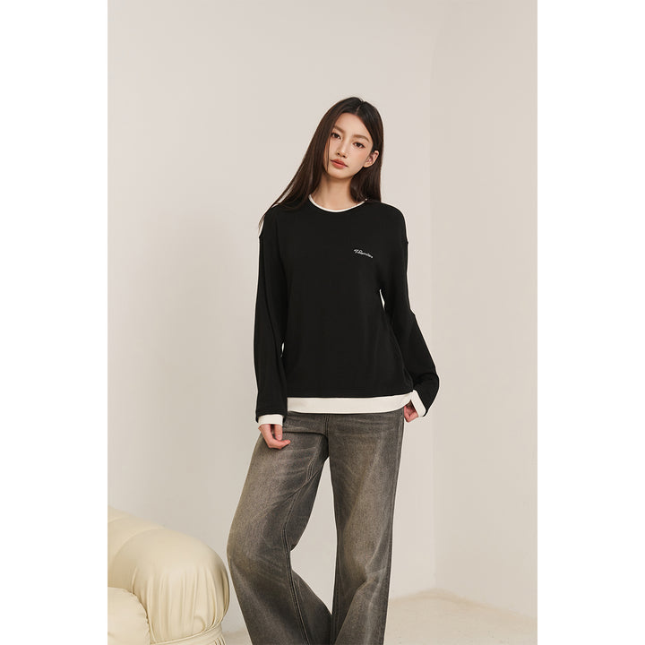 Three Quarters Fake-2-Piece Mousse Cashmere Loose Top Black