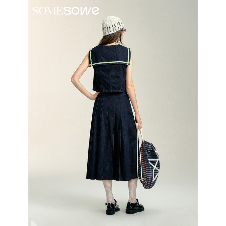 SomeSowe Pleated Denim Long Skirt Navy Blue