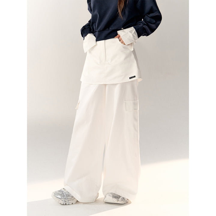 AsGony Fake-2-Piece Wide-Leg Casual Cargo Pants White