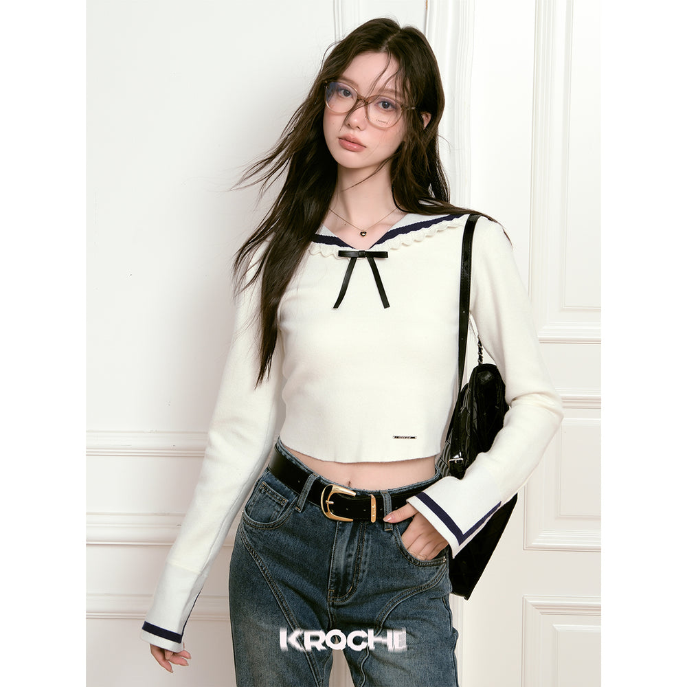 Kroche Color Blocked Bow-Knot Sailor Collar Knit Top White - Mores Studio