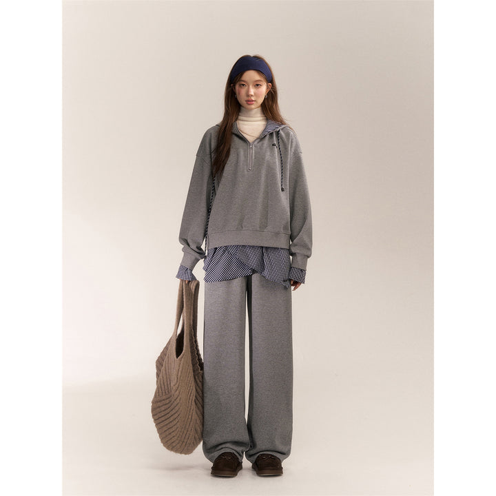 AsGony Fake-2-Piece Plaid Patchwork Casual Sweat Pants Gray