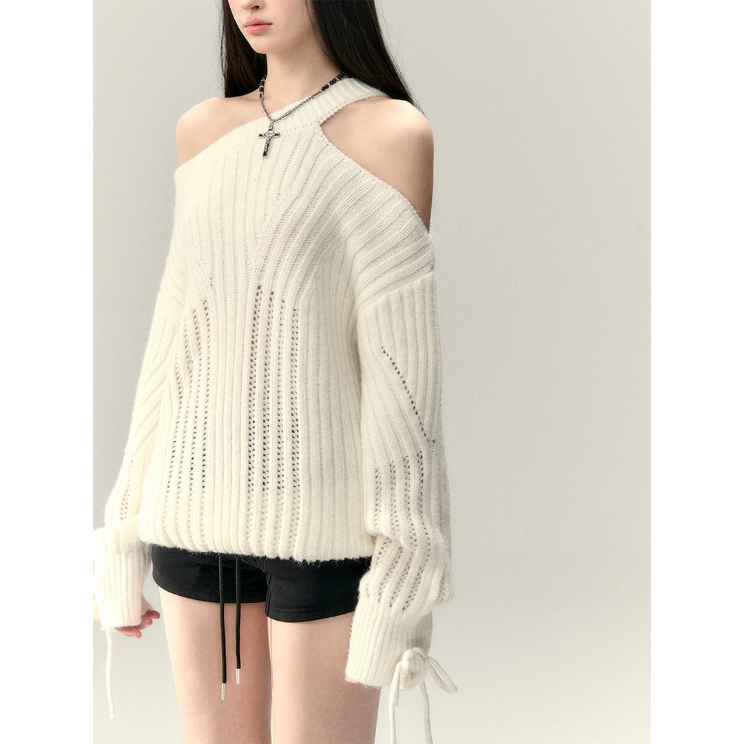 Via Pitti Rose Bow Irregular Collar Two-Way Sweater White