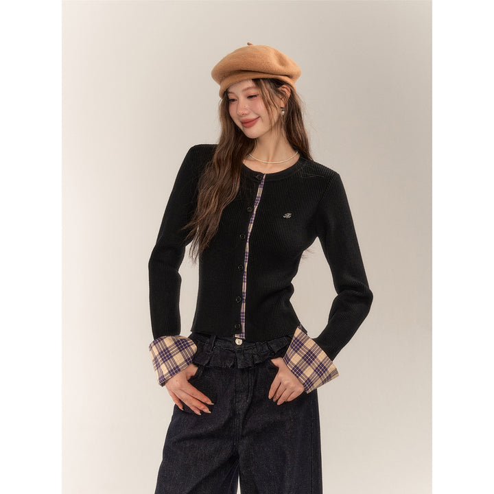 AsGony Retro Plaid Patchwork Slim Knit Cardigan Black