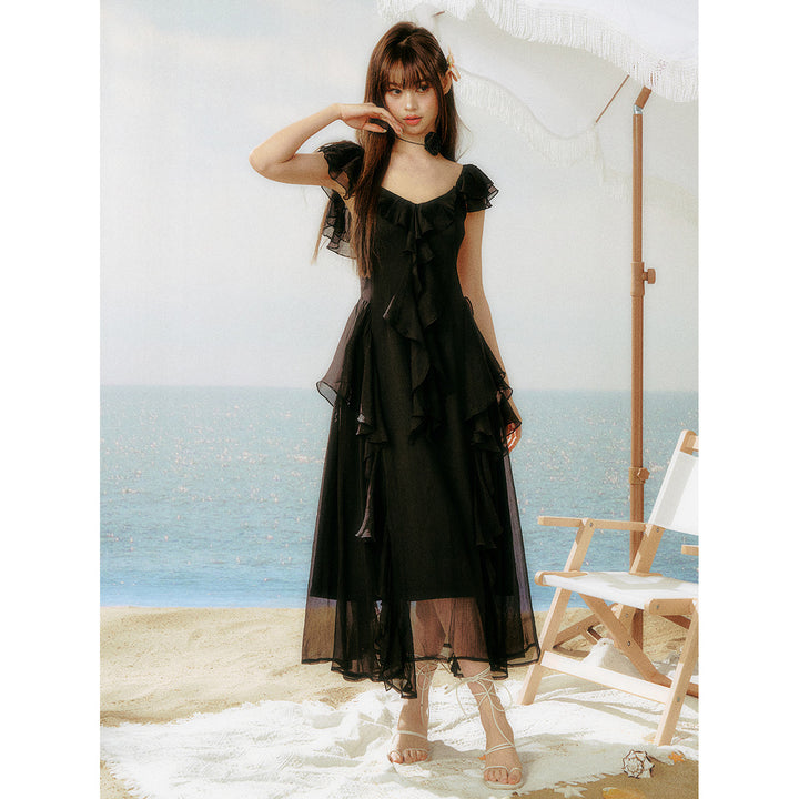 AsGony Ruffled Patchwork Slip Long Dress Black