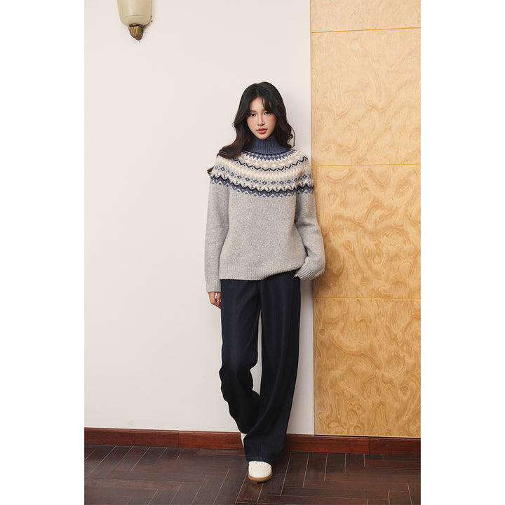 Three Quarters Fair Isle Jacquard Color Contrast High Collar Sweater Gray