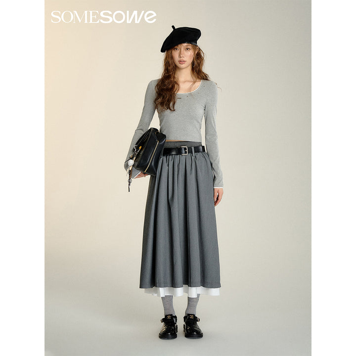 SomeSowe Fake-2-Piece Pleated Elastic-Waist Skirt