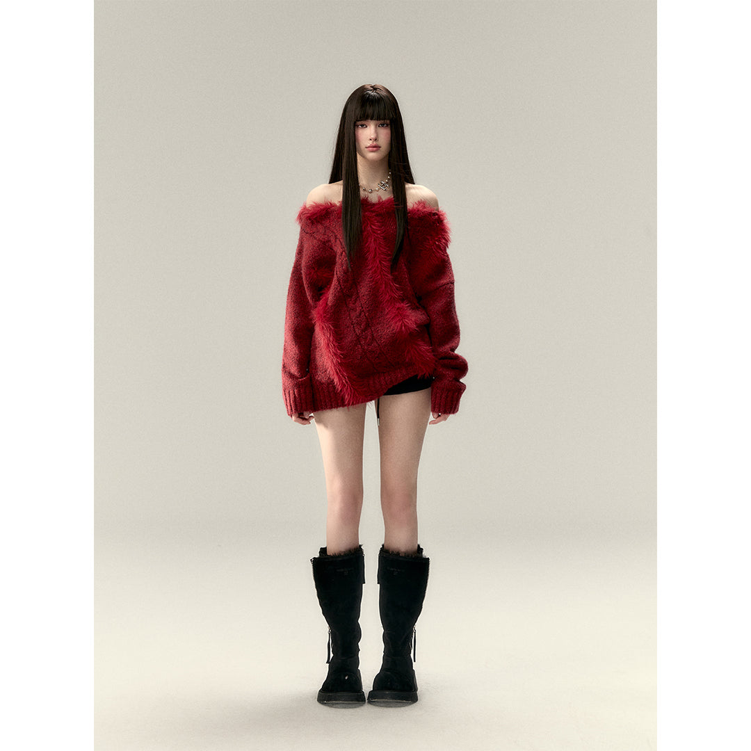 Via Pitti Off Shoulder Fur Integrated Knit Sweater Red