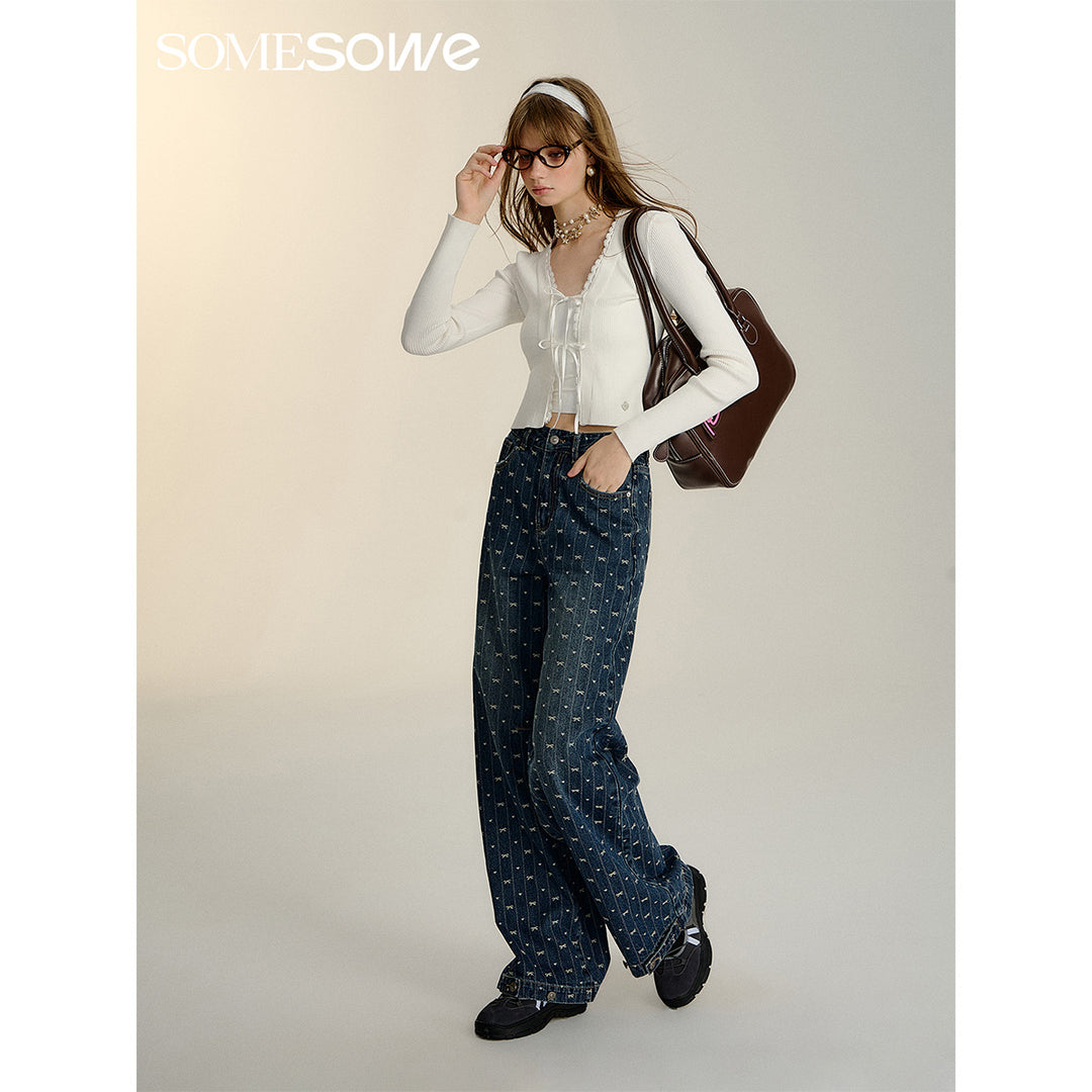 SomeSowe Vintage Bow Wide-Leg Jeans Blue