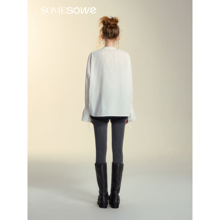 SomeSowe Lace Edge Jacquard Lace Up Top White