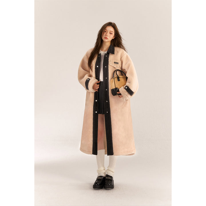 AsGony Fake-2-Piece Denim Patchwork Fleece Long Coat Beige