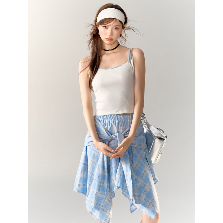 AsGony Irregular Bow Tie Plaid Skirt Blue