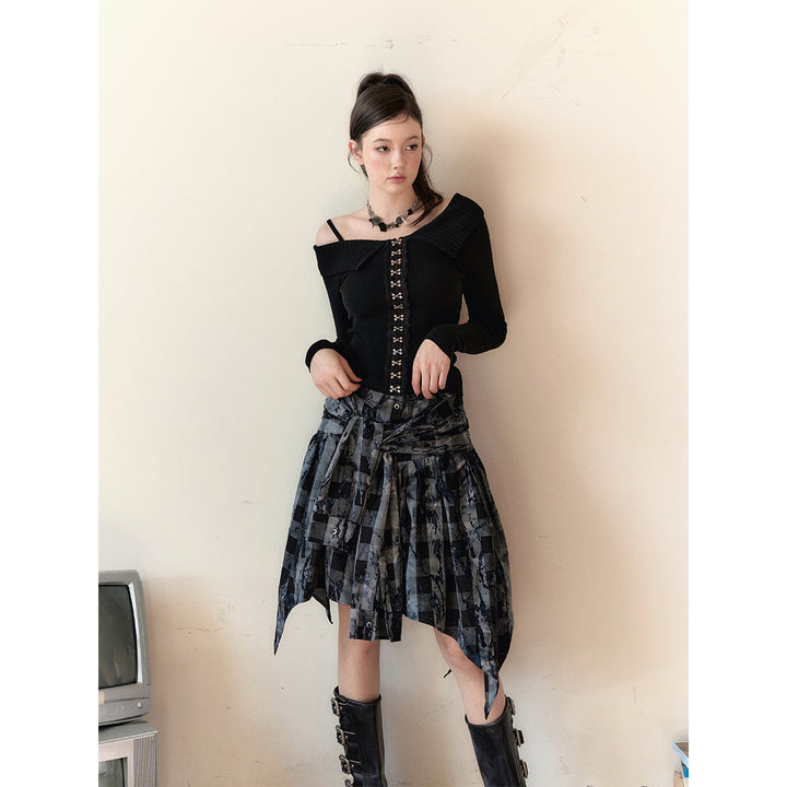 Via Pitti 2-Way Plaid Off Shoulder Tube Top Shirt