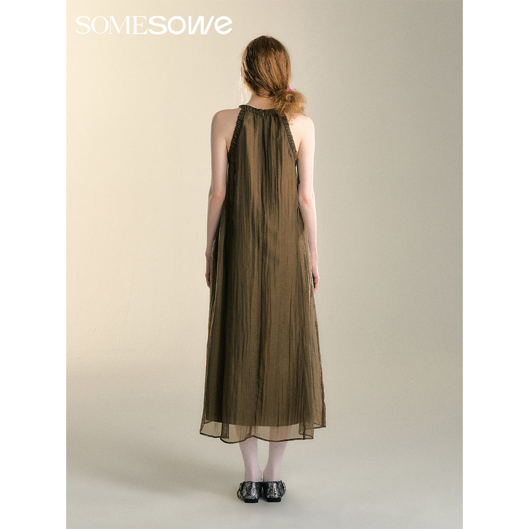 SomeSowe Pleated Texture Halter Dress Brown