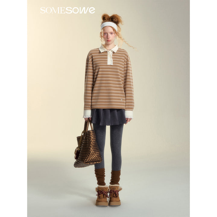 SomeSowe Lace Edge Striped Long Sleeve Polo Top Brown