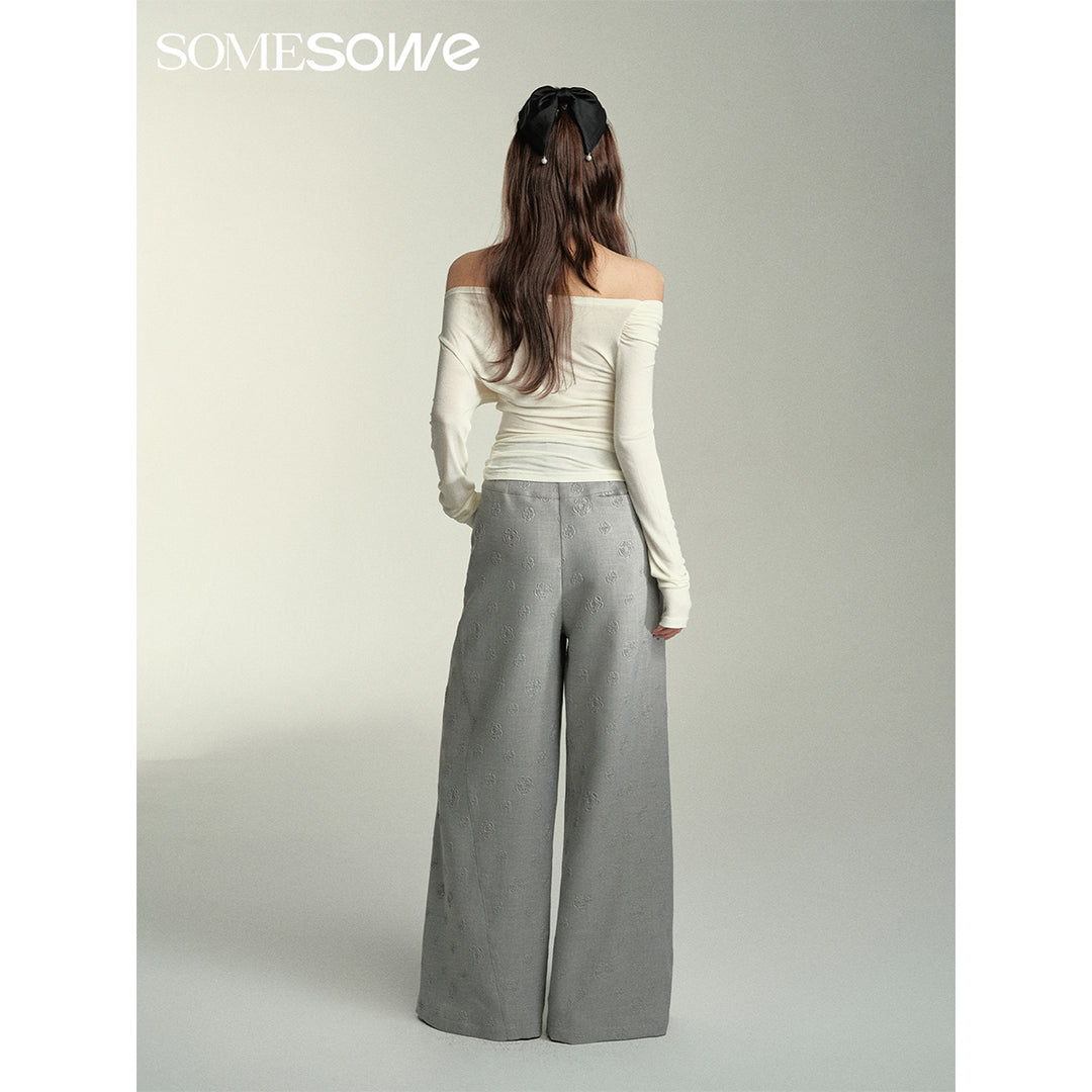 SomeSowe Floral Embossed High-Waisted Wide-Leg Pants Grey