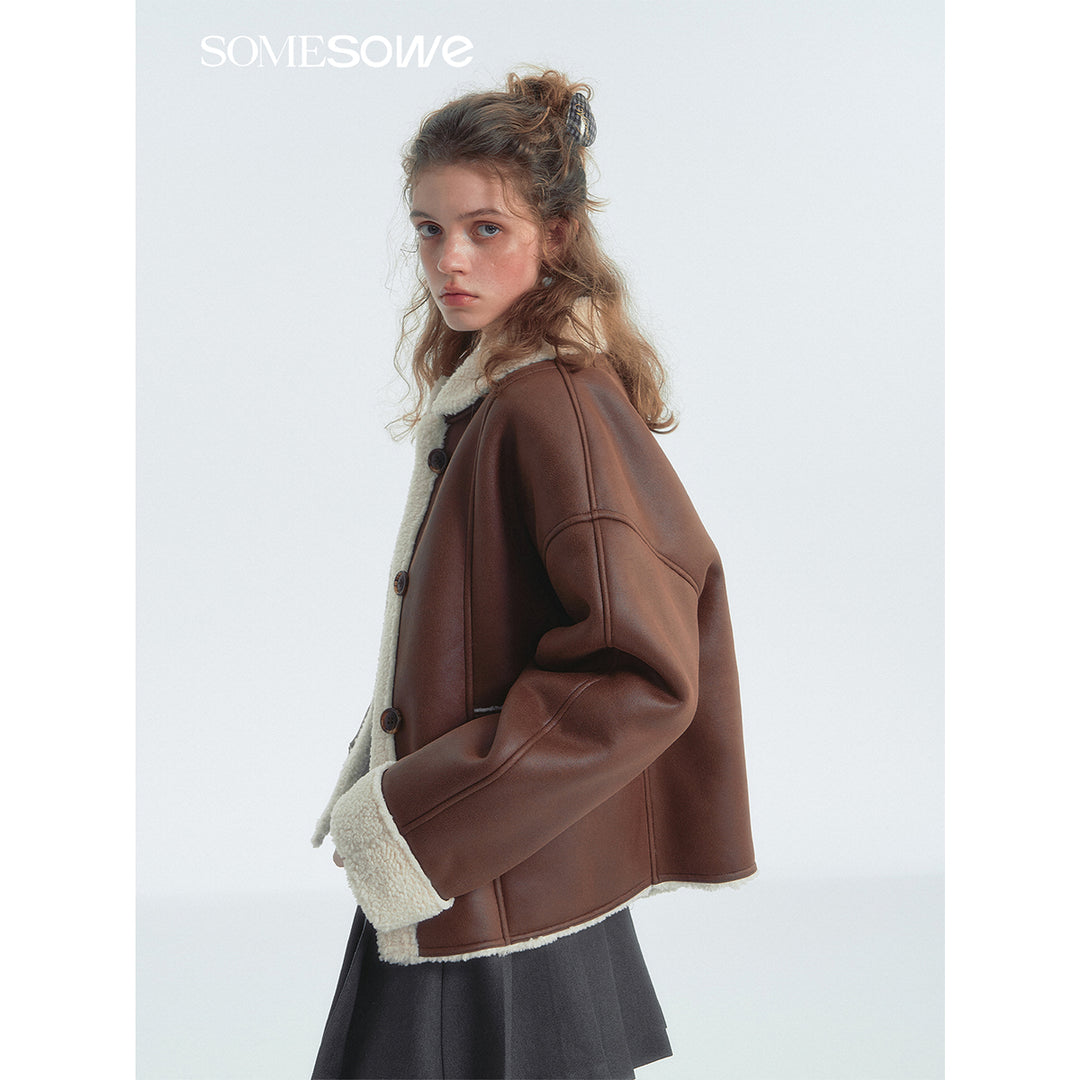 SomeSowe Lapel Leather Integrated Furry Short Jacket Brown