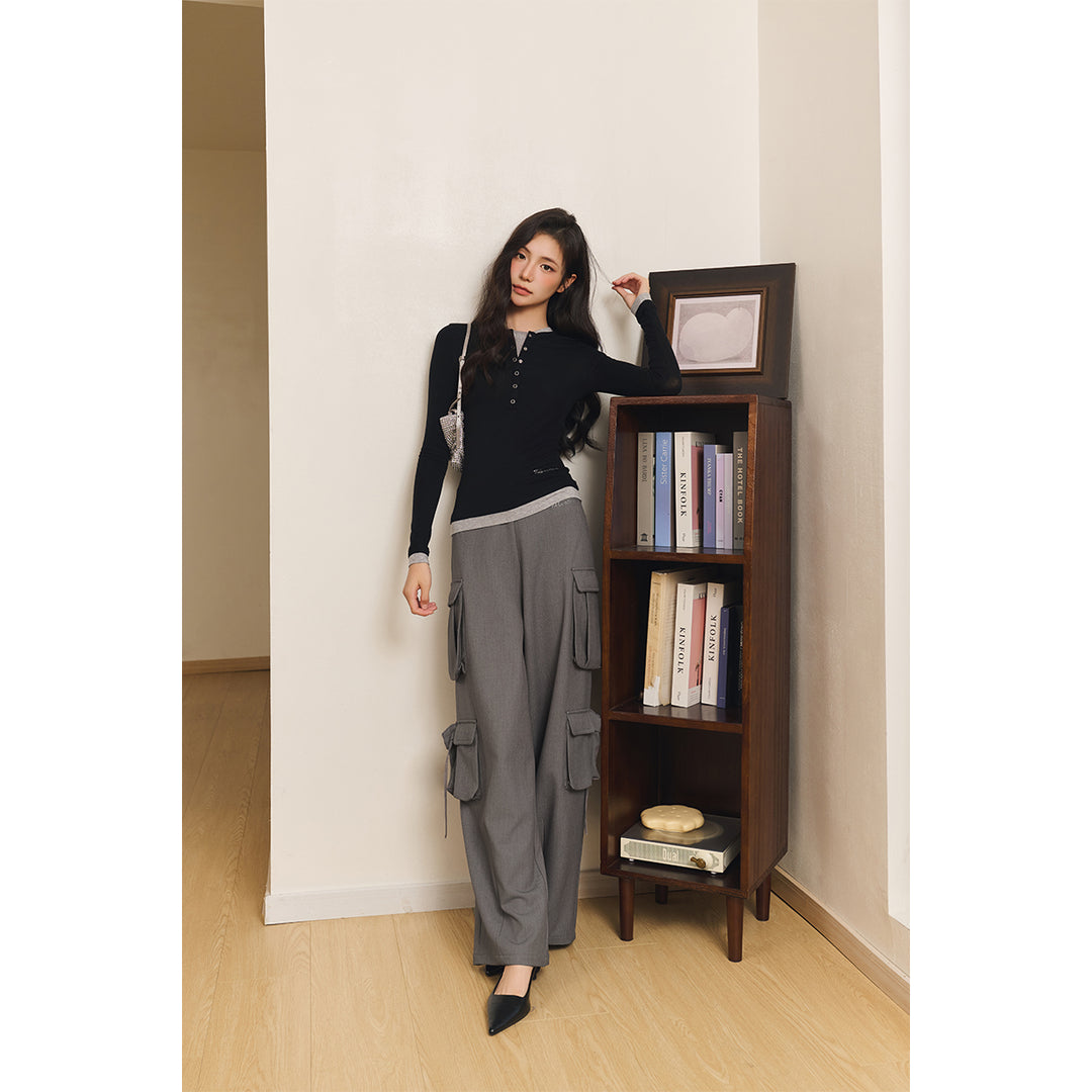 Three Quarters Loose Wide-Leg Cargo Pants Gray