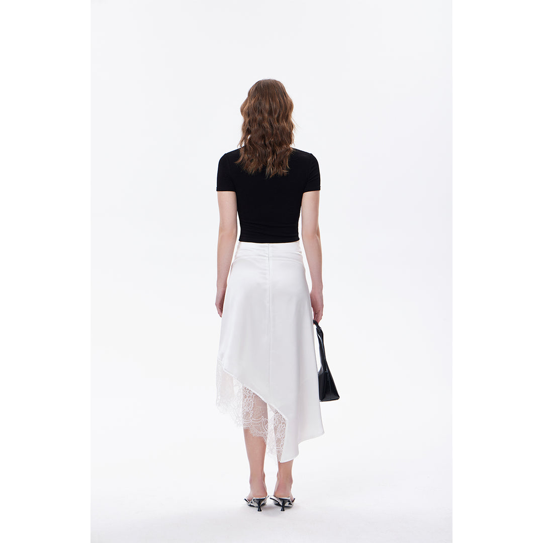 Three Quarters Lace Patchwork Irregular Long Skirt White